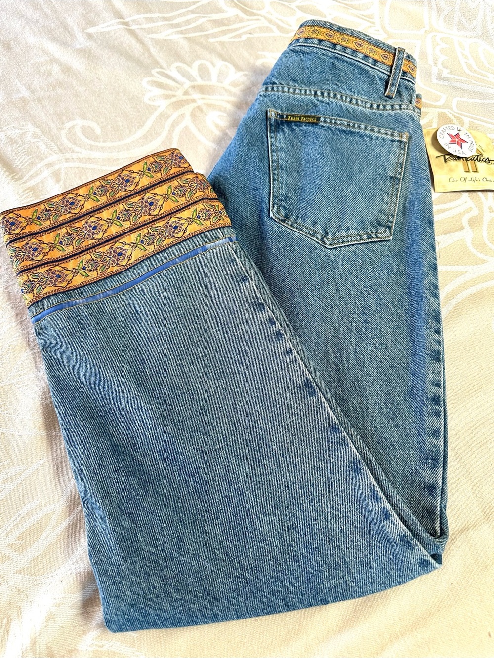 Vintage Team Tactics USA NWT High Rise Button Fly Jeans Boho Trim Size 10 - Picture 1 of 9